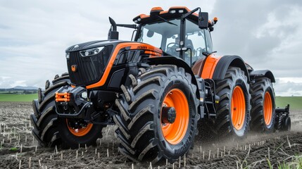 Orange and black tractor plowing a field under a cloudy sky, agricultural landscape scene