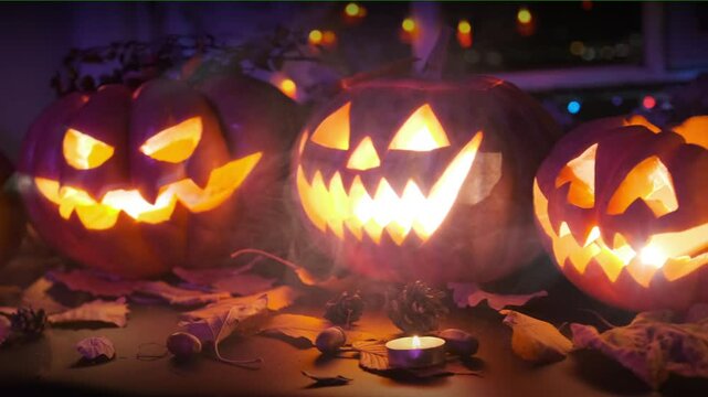 Cool carved traditional pumpkins flashing inside. Close up. Awesome spooky background for a Halloween party 
