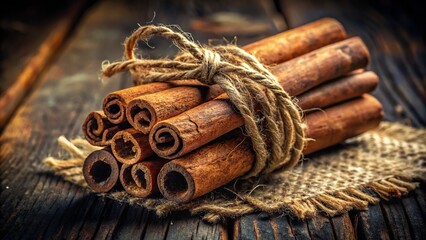 A close-up shot of a cinnamon stick, with a few loose threads unraveled, on a weathered wooden surface, dramatic and moody, a realistic photo image.