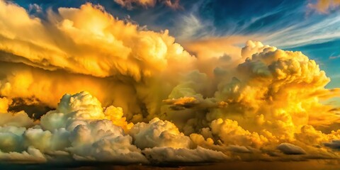 Dramatic avocado-colored sky with thick, rolling clouds, shot from a side angle, illuminated by soft, warm backlight, evoking a mood of calmness, a realistic photo image.