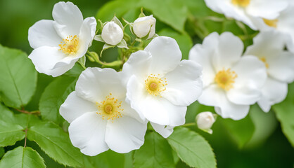 Obraz premium Close-up of delicate white wild roses in full bloom with green leaves in a garden