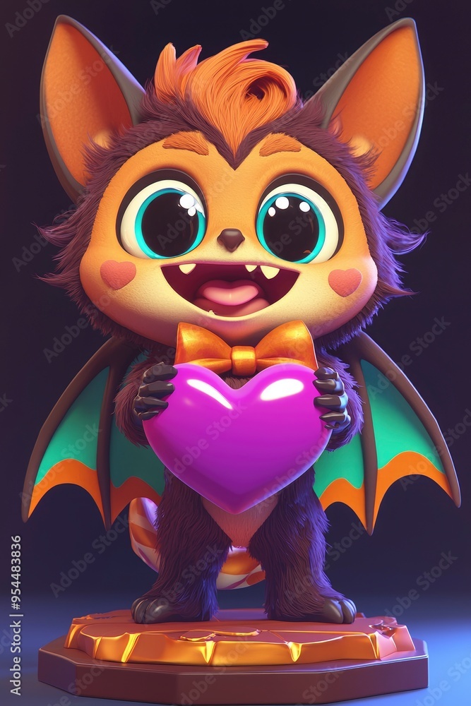 Poster adorable cartoon bat holding a heart