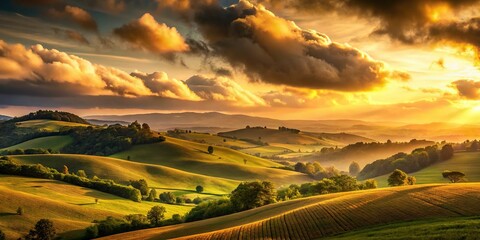 Warm morning light casts a golden glow on rolling hills under a Cocoa Brown sky, dramatic clouds, soft focus, low-angle view, serene mood, a realistic photo image.