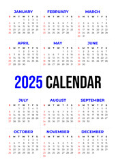 2025 Basic Calendar in White Background