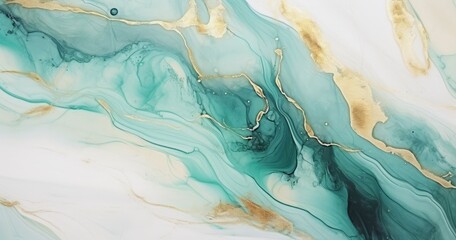 An abstract fluid art design featuring teal, white, and gold swirls.
