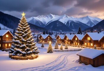 A snowy winter landscape with a large illuminated Christmas tree in the foreground, surrounded by small wooden houses with Christmas lights.