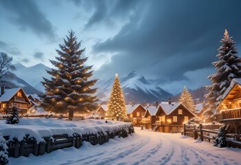 Fototapeta premium A snowy winter landscape with a large illuminated Christmas tree in the foreground, surrounded by small wooden houses with Christmas lights.