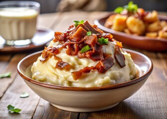 A mouth-watering shot of mashed potatoes with onion gravy, topped with a few crispy bacon strips and a dollop of sour cream, set against a blurred background of a modern kitchen.