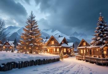 Fototapeta premium A snowy winter landscape with a large illuminated Christmas tree in the foreground, surrounded by small wooden houses with Christmas lights.