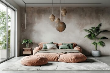Modern bedroom with bed, leather sofa, pendant lamp, gray background, light brown and pink colors, and green accents in minimalist, ultra-realistic design.