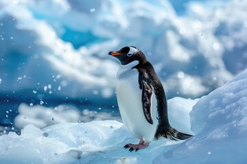 Fototapeta premium Gentoo penguin among antarctic icebergs: nature's resilience in cold wilderness AI
