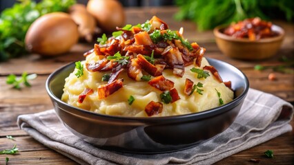 A bold, colorful shot of mashed potatoes with onion gravy, garnished with a sprinkle of chopped herbs and a few crispy bacon strips, set against a blurred background of a modern kitchen.