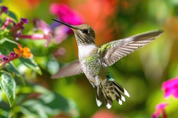 Fototapeta premium Vibrant hummingbird hovering amidst colorful blossoms in summer garden AI