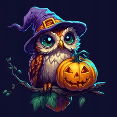 Obraz premium Cute Owl Wearing Witch Hat Holding Jack-o-Lantern