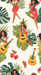 Vibrant Hawaiian Melodies: A Seamless Pattern of Hula Dancers, Guitars, and Tropical Foliage