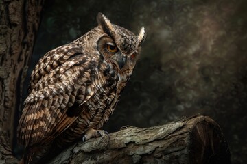 Majestic owl perched on weathered tree in mysterious forest at dusk AI