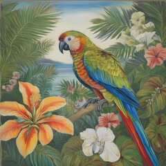 Obraz premium Colorful parrot nestled in a tropical paradise, gazing out at the vast ocean beautiful painting texture Tropical bird with vibrant plumage,