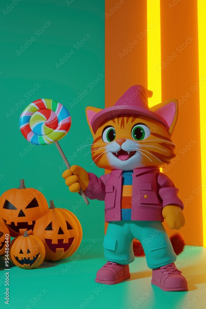 Wall mural cute cartoon cat holding a lollipop in a witch hat for halloween