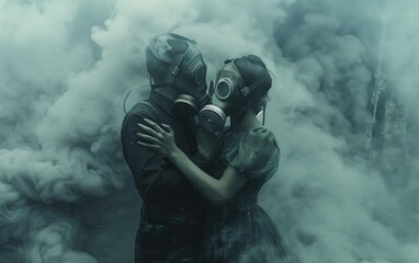 Generative AI of Embracing Couple in Gas Masks Amidst Smoke: A Striking Visualization of Toxic Love, Hazardous Intimacy, and Dramatic Environmental Crisis