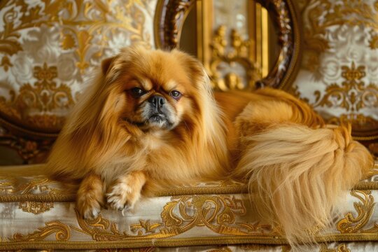 Elegant pekingese dog on ornate gold couch in luxurious setting AI