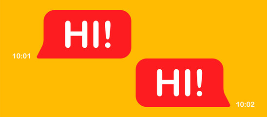 Messages in messenger. Red speech bubbles on yellow background, texting, Hi, Space to place your content, correspondence, mail, send, delivered, read, communication, online, sending time. Vector