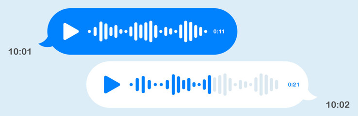 Voice messages in messenger. Speech bubbles, light background, texting, Hi, place your content, sound, play button, playback speed, mail, send, delivered, read, communication, online, sending time