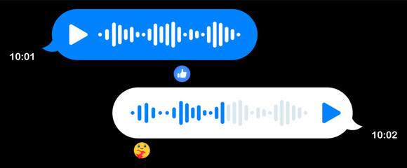 Voice messages in messenger. Speech bubbles, black background, texting, Hi, place your content, play button, playback speed, mail, send delivered read, online, sending time, reactions, emoticons, like