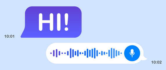 Obraz premium Messages in messenger. Blue speech bubble, white background, texting, Hi, Place your content, voice mail, send, delivered, read, communication, online, sending time, reactions, microphone, record