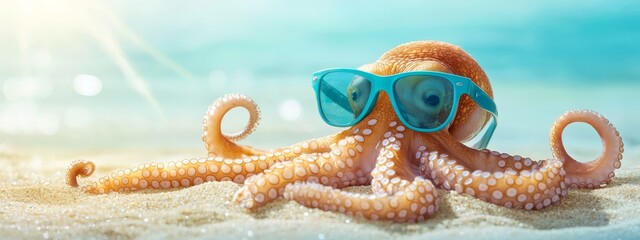 Naklejka premium A tight shot of an octopus donning blue goggles, placed next to it on a sandy beach, lies a starfish