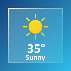 Sunny 35 Degrees Celsius weather forecast. Summer, hot, warm, air, heat, drought, precipitation, temperature, atmospheric pressure, Fahrenheit, conditions, high UV index, synoptic. Glassmorphism