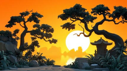 Fototapeta premium Tranquil Sunset in a Zen Garden