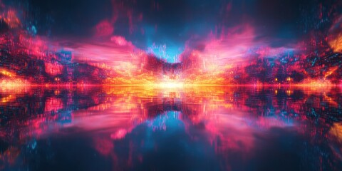 Abstract Neon Cityscape Reflected in Still Water