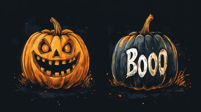 Drawing on a dark isolated background of a scary pumpkin with Halloween carved eyes and the words "Boooo"
