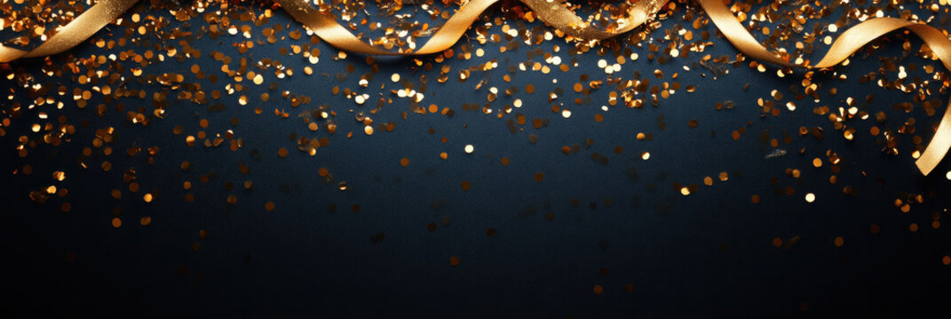 Golden ribbons and confetti falling on black background with copy space in the center. Perfect background for black friday or christmas. Banner. Copy space
