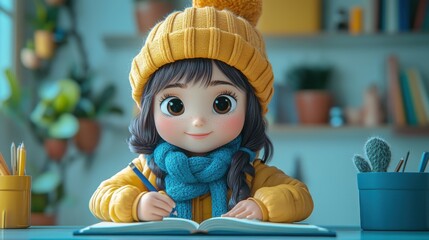 Happy girl writing in a notebook, Funny facial expression, 3d style cartoon character