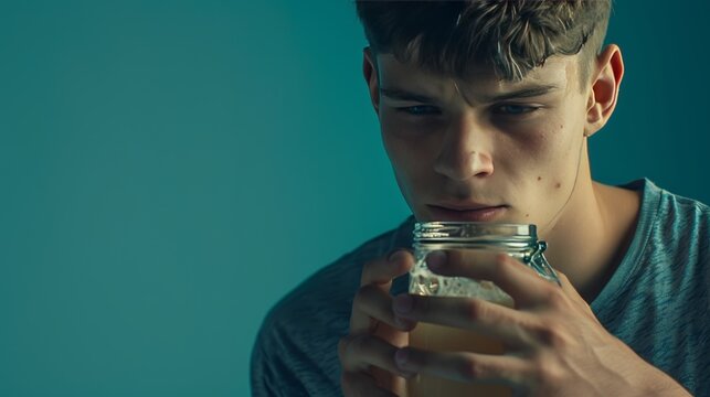 Attractive young man in gray t shirt holding a protein shake jar for fitness enthusiasts