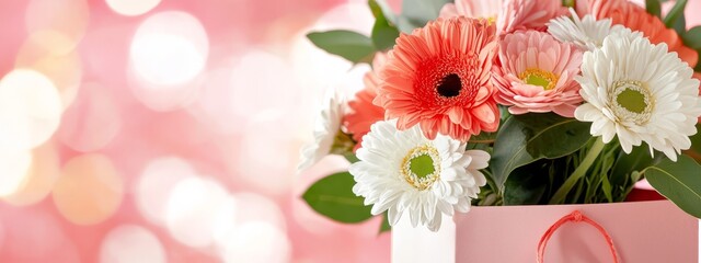  A pink gift bag holds a bouquet of pink and white flowers Behind them, a pink and white lit booth is visible