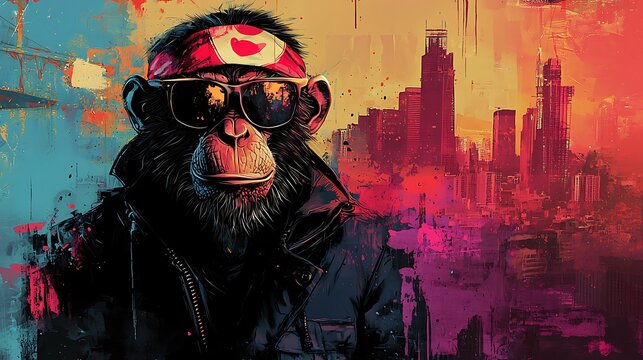 A cool monkey wearing sunglasses and a bandana, set in an urban setting.