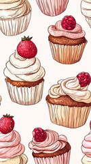 A Delightful Pattern of Cupcakes and Muffins, Topped with Whipped Cream and Berries, Creates a Sweet and Colorful Visual Feast.