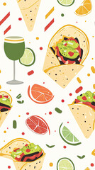 A Vibrant Feast: Colorful Tacos, Limes, and a Hint of Guacamole in a Seamless Pattern.