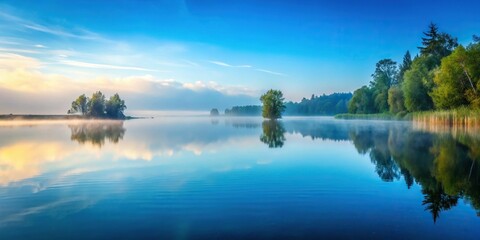 Captured from a slightly tilted angle, light sky blue hues merge with the misty horizon, above a serene lake, calming and contemplative, a realistic photo image.