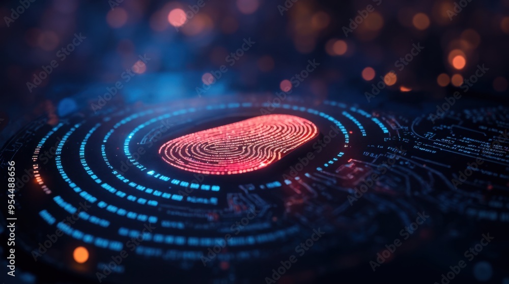 Poster radiant fingerprint amidst digital circuits and shining data nodes