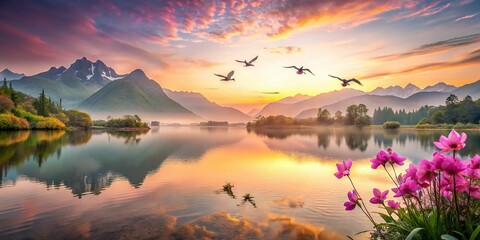 Vibrant orchid pink hues blanket a serene lake shore scene at sunrise, mountains reflected in calm waters, birds flying overhead, peaceful mood, a realistic photo image.