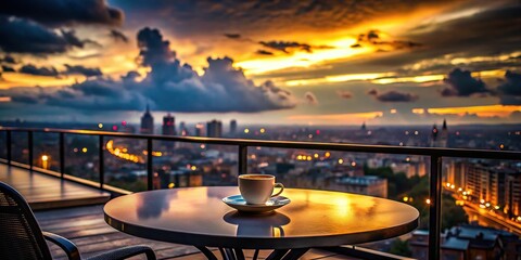 2. Image of 'Café Noir' sky at dusk, with the city skyline subtly reflecting the moody atmosphere, exuding feelings of melancholy and contemplation.