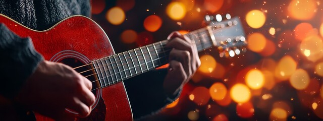 Fototapeta premium A person with a red guitar performs against an indistinct backdrop of orange and yellow lights in the darkness