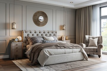 Modern bedroom with bed, wardrobe, lighting decor, gray walls, wooden floor, armchair, plaid pillow, nightstand, and golden framed mirror.