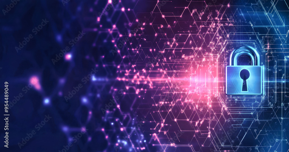 Poster an abstract digital background illustrates a lock representing data protection within a vibrant, fut