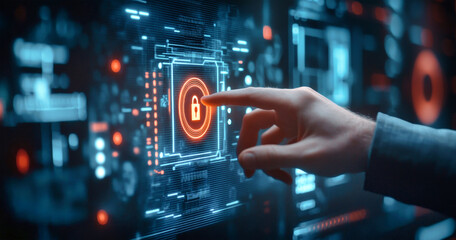 A businessman interacts with a glowing digital lock icon, highlighting the importance of cybersecurity in today's technology-centric environment