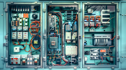 A control panel showcases colorful circuit boards and wiring, revealing the complex workings of industrial machinery against a light blue backdrop