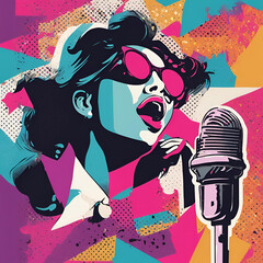 Artistic collage of trendy halftone elements, 90s music, retro nostalgia, trendy Y2K elements with 90s singer singing into a mic, torn paper stickers, illustrations, suitable for screen printing, phot